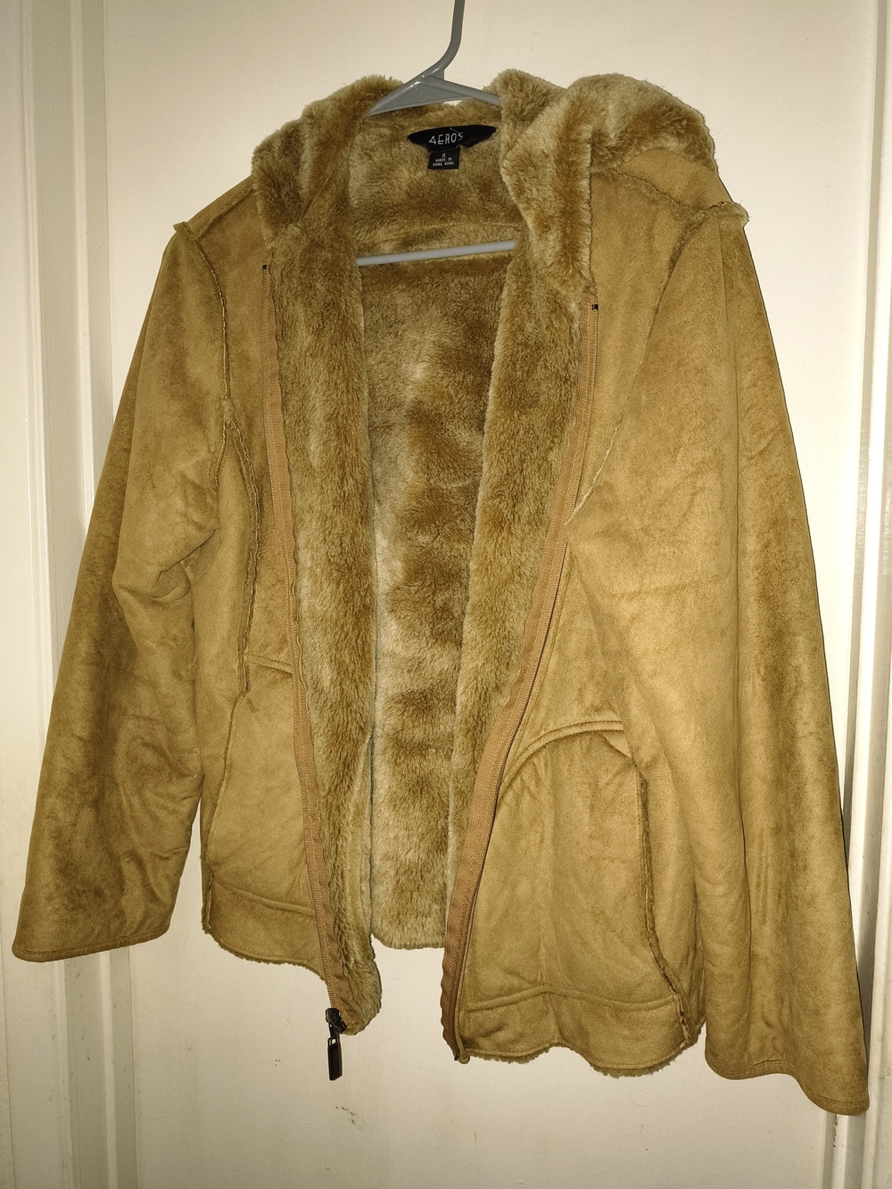 Aeros Women's Hooded Faux Suede And Faux Fur Jacket Tan Size S